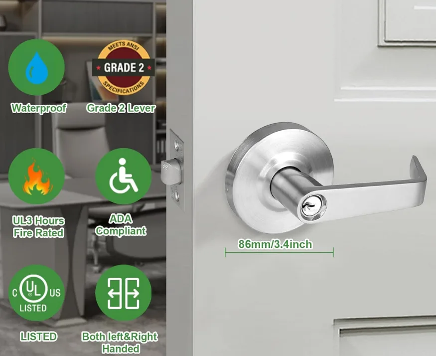 ADA-compliant lever handle on commercial door replacing round knob for accessible operation